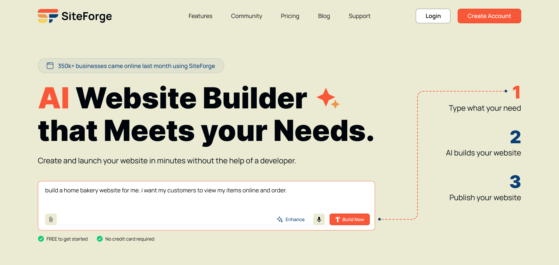 SiteForge landing page with a conversational AI prompt bar